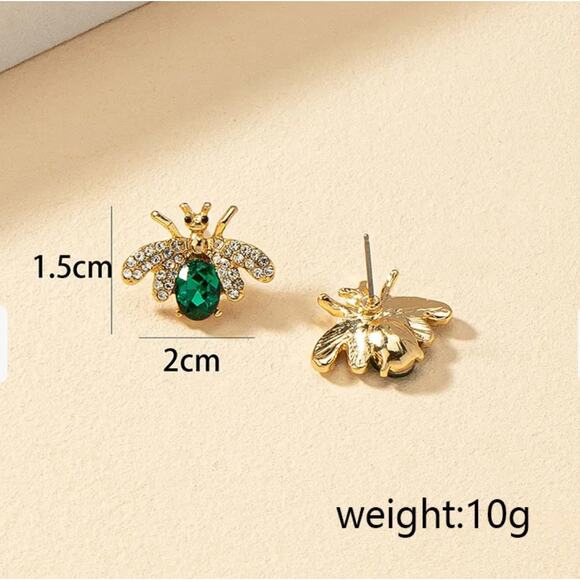Bumble Bee Emerald Green Studs Gold Tone Earrings Gift Honey Bee Jewelry - Picture 2 of 7